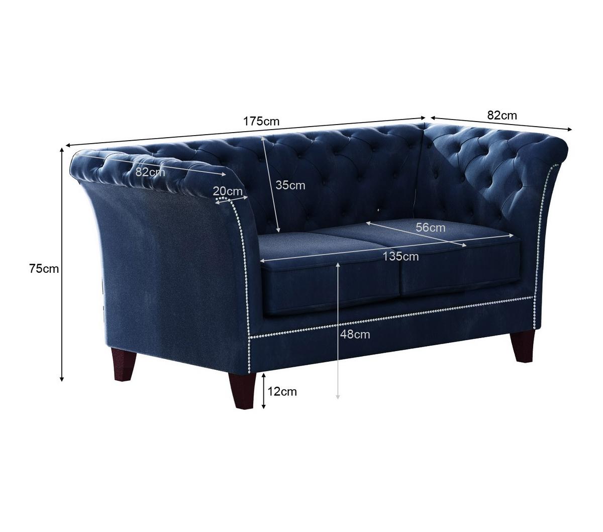 CHESTERFIELD-SOFA 2-Sitzer Fusion Blau Samt - Blau/Braun, Holz/Textil (175/75/82cm) - S-Style Möbel