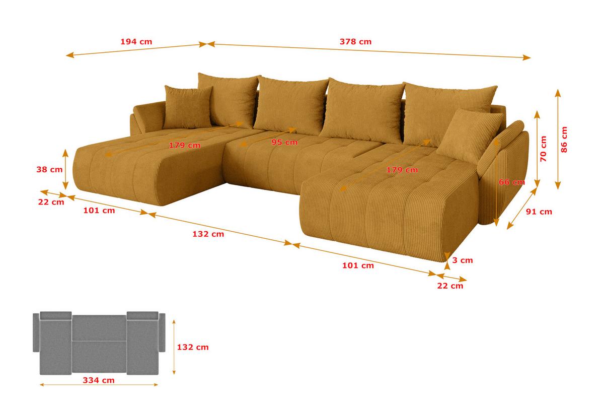 WOHNLANDSCHAFT mit Schlaffunktion und Bettkasten TOKO-U 378x194x86 Senfgelb Cord - Dunkelgelb/Schwarz, Holzwerkstoff/Kunststoff (378/86/194cm) - ALTDECOR