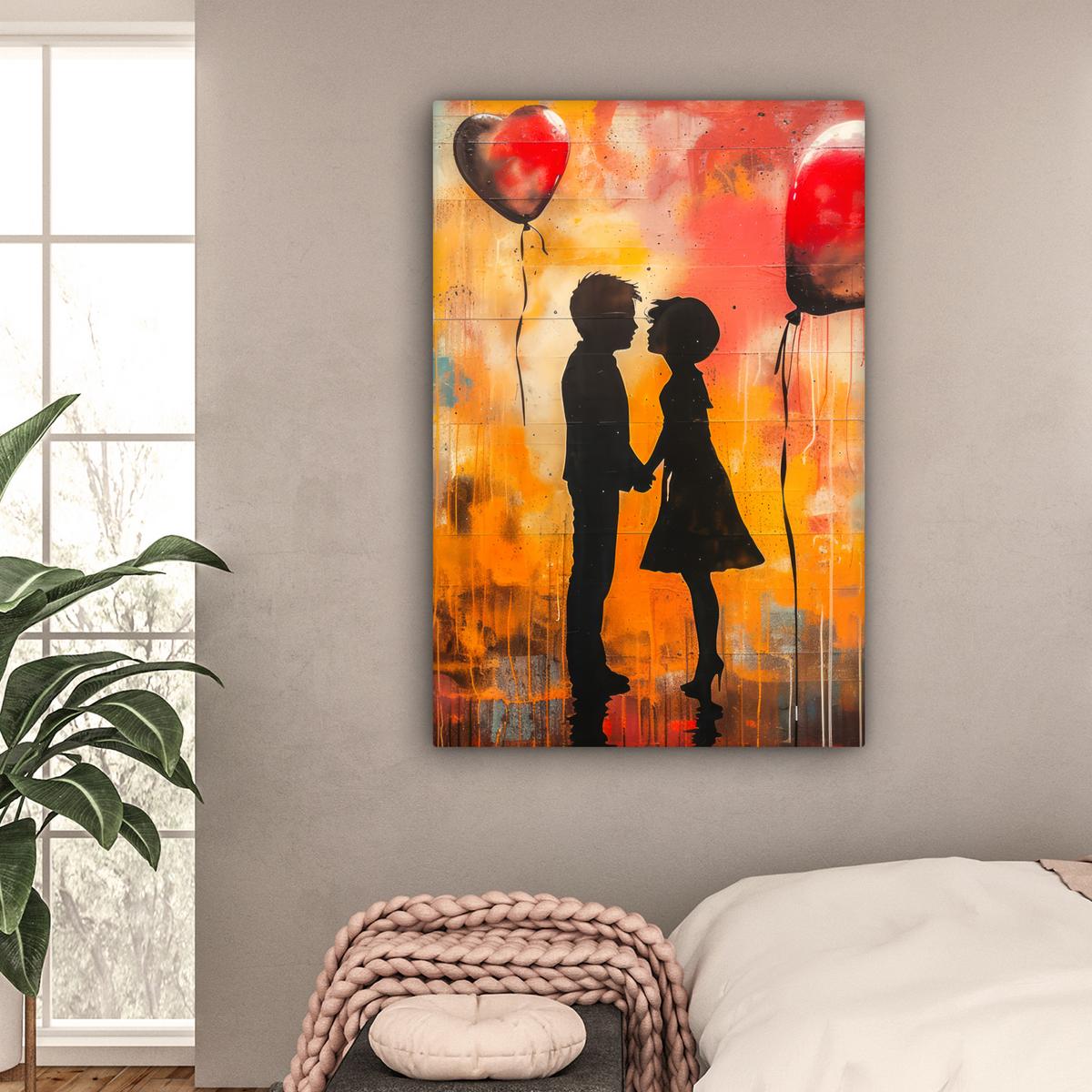 LEINWANDBILD Straßenkunst - Liebe - Graffiti - Kunst - Banksy Deko XXL 80x120 cm - Orange, Textil (80/120cm) - MuchoWow