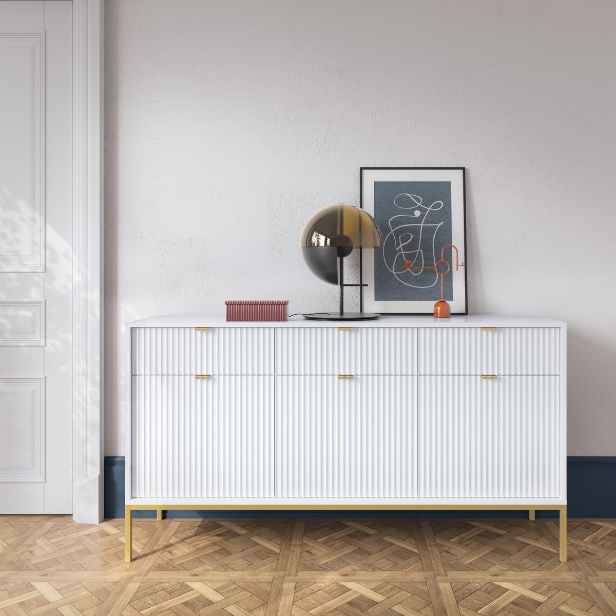 SIDEBOARD STELLARE 154/83/39 cm mit 3 Schubladen 3 Türen Weiß - Goldfarben/Weiß, Holzwerkstoff (154/83/39cm) - MASSENO