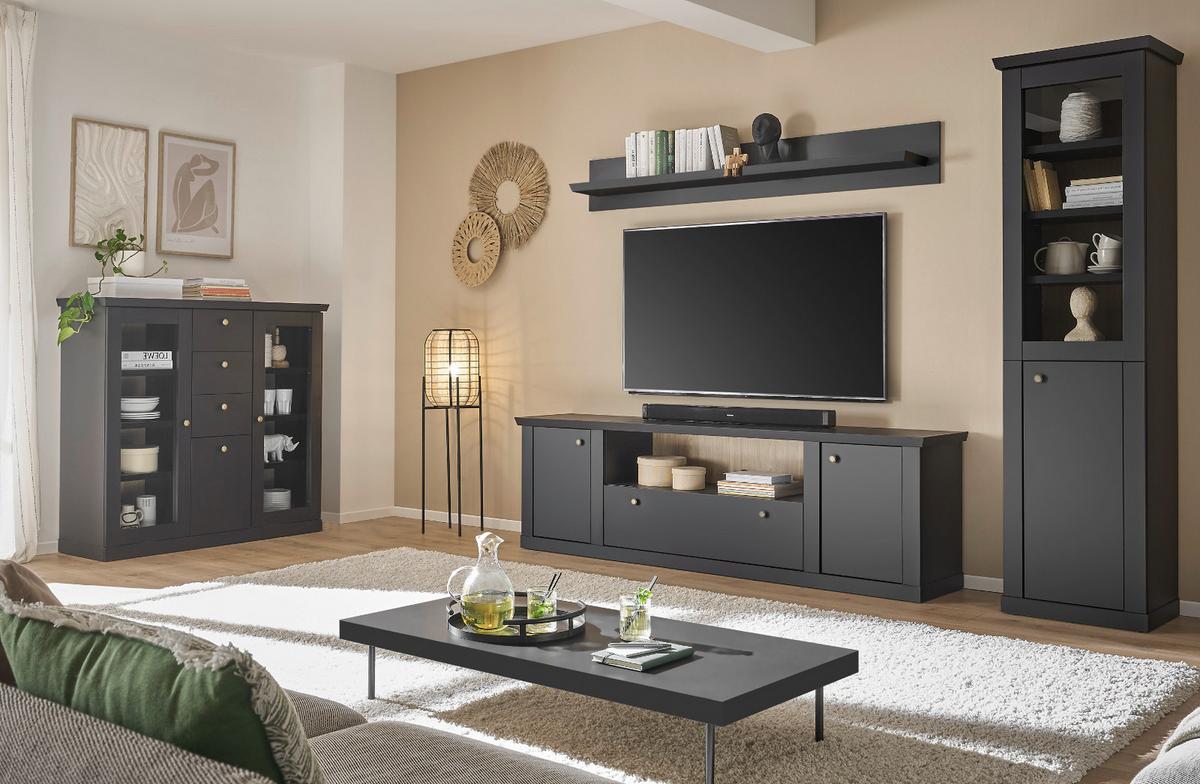 BUFFET schwarz matt, Eiche 158 cm, Buffetschrank Landhaus mit Soft-Close - Eichefarben/Messingfarben, Glas/Holzwerkstoff (158/201/42cm) - Furn.Design