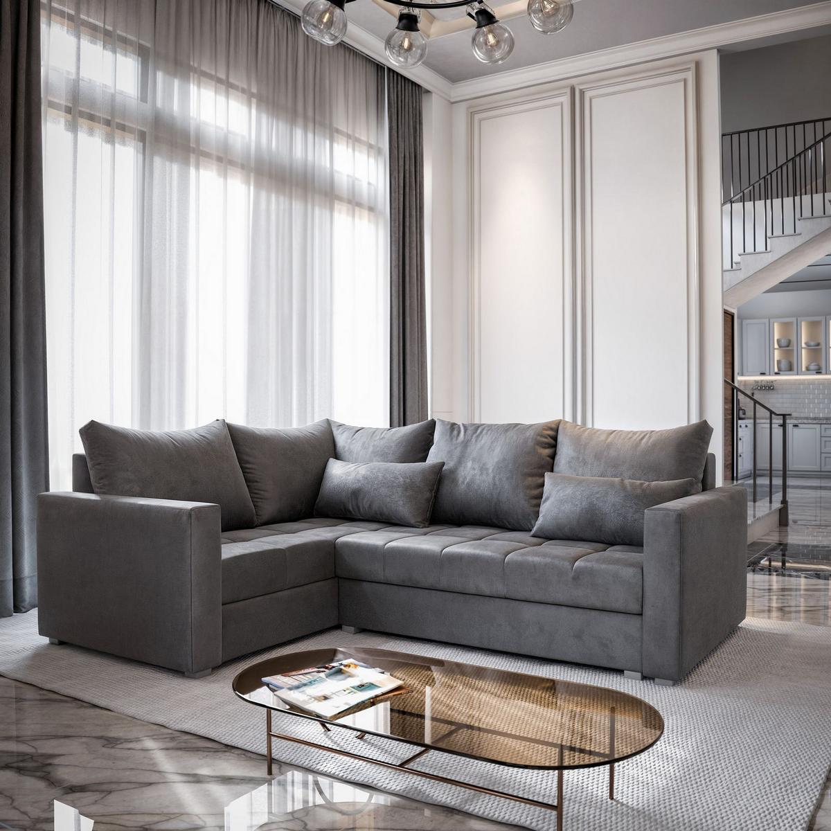 ECKSOFA LIRENO L-S Grau Plüsch-Stoff mit Schlaffunktion - Grau, Holz/Kunststoff (220/153cm) - MASSENO