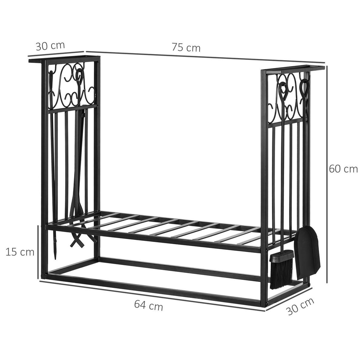KAMINHOLZSTÄNDER mit Kaminbesteck Erhöhtes Brennholzregal Feuerholzablage Stahl - Schwarz, Metall (30/60/75cm) - HOMCOM