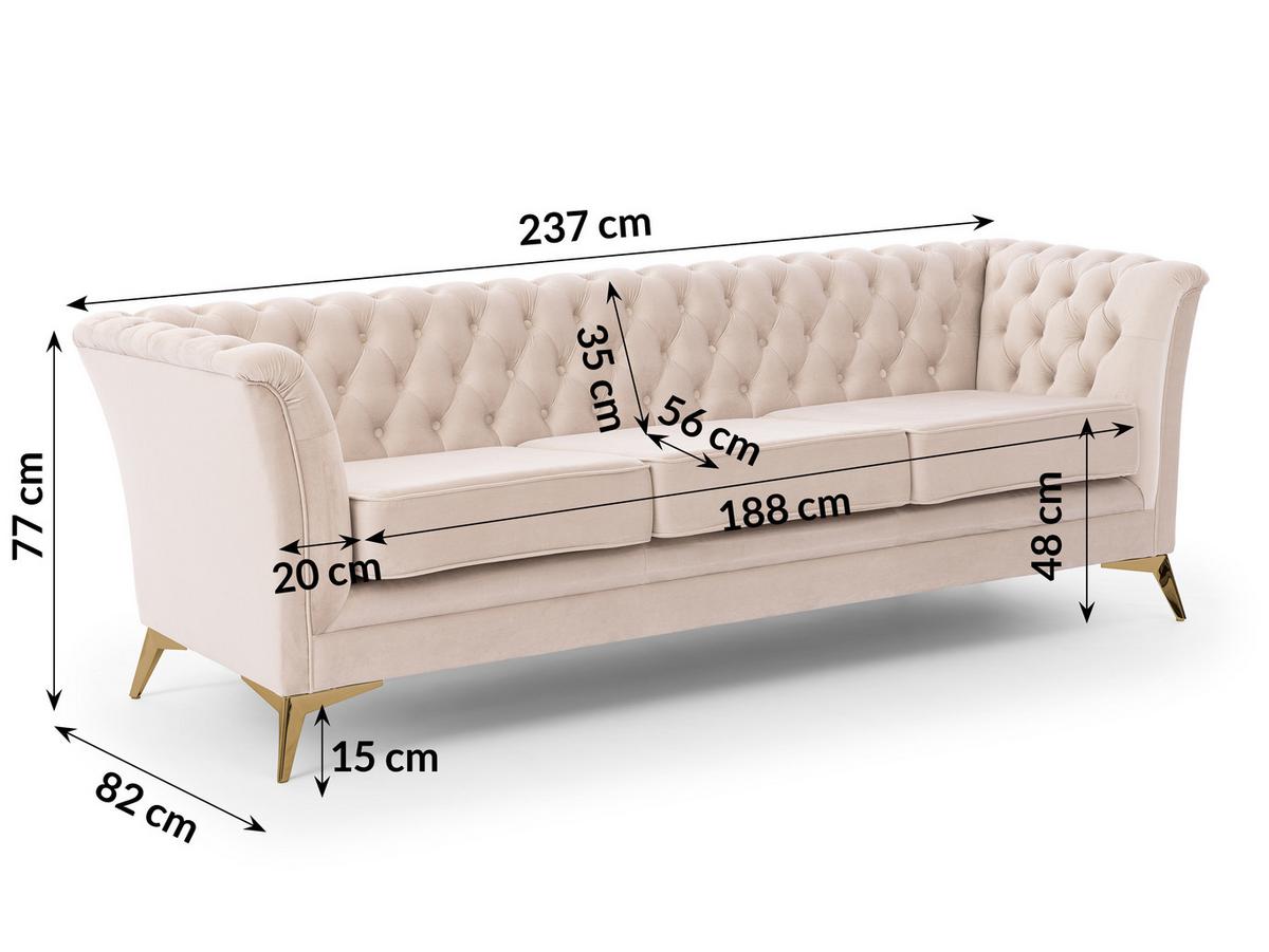 CHESTERFIELD-SOFA 3-sitzer Whitby Beige Samt mit goldenen Füßen - Beige/Goldfarben, Holz/Textil (237/78/82cm) - S-Style Möbel