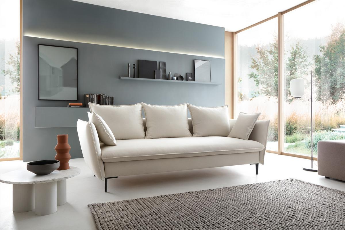 BETTSOFA SOLE Creme Geflochtener Stoff mit Schlaffunktion - Creme, Textil (105/90/237cm) - MASSENO