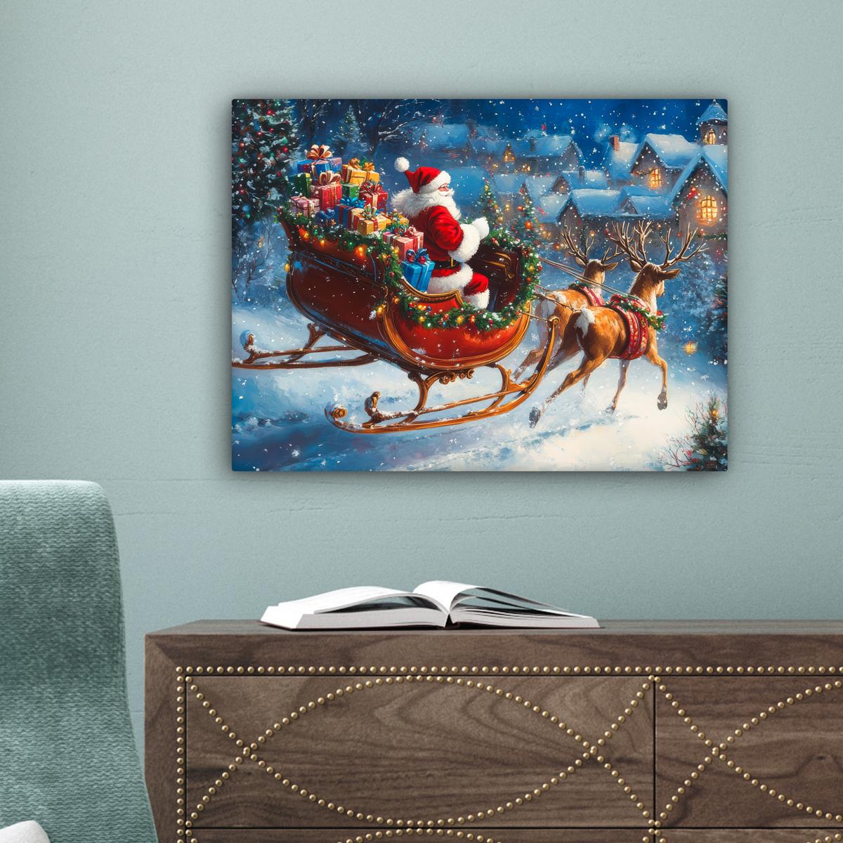 LEINWANDBILD Weihnachtsmann - Rentier - Weihnachten - Schnee Wandbild 40x30 cm - Cognac, Textil (40/30cm) - MuchoWow