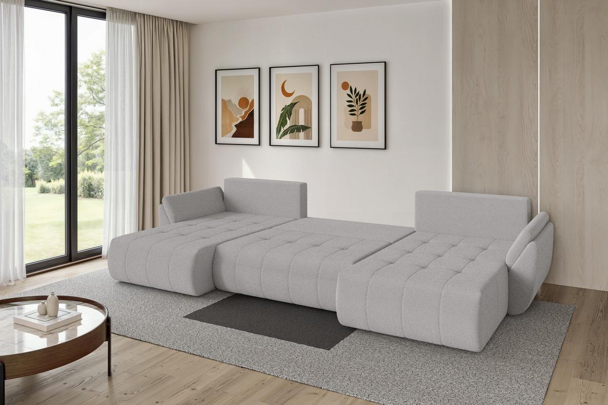 WOHNLANDSCHAFT mit Schlaffunktion und Bettkasten TOKO-U 378x194x86 Hellgrau Bouclé - Silberfarben/Hellgrau, Holzwerkstoff/Kunststoff (378/86/194cm) - ALTDECOR