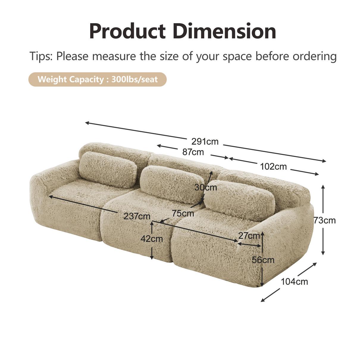 3-SITZER SOFA plüschstoff in hellkhaki, rahmenlos & montagefrei - Hellgelb, Textil (291/73/104cm) - Urban Meuble