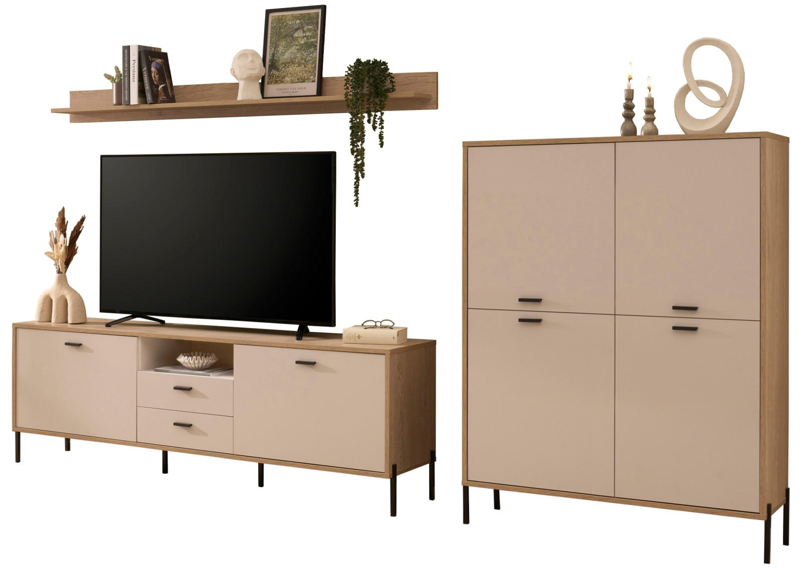 WOHNWAND Kaschmir, Eiche 320 cm Set 3-teilig, Wohnkombination mit Soft-Close - Kaschmir/Eichefarben, Holzwerkstoff/Metall (320/170/40cm) - Furn.Design