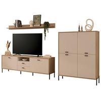 WOHNWAND Kaschmir, Eiche 320 cm Set 3-teilig, Wohnkombination mit Soft-Close - Kaschmir/Eichefarben, Holzwerkstoff/Metall (320/170/40cm) - Furn.Design