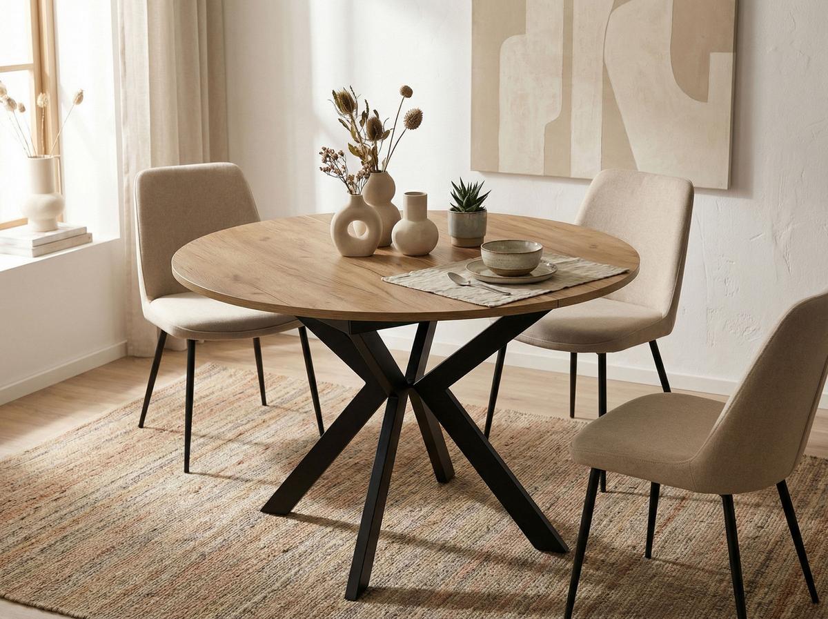ESSTISCH Lily runder ausziehbarer, Craft Eiche 100-140/100/76 cm - Eiche Wotan/Schwarz, Holzwerkstoff/Metall (100/100/76cm) - WFL GROUP