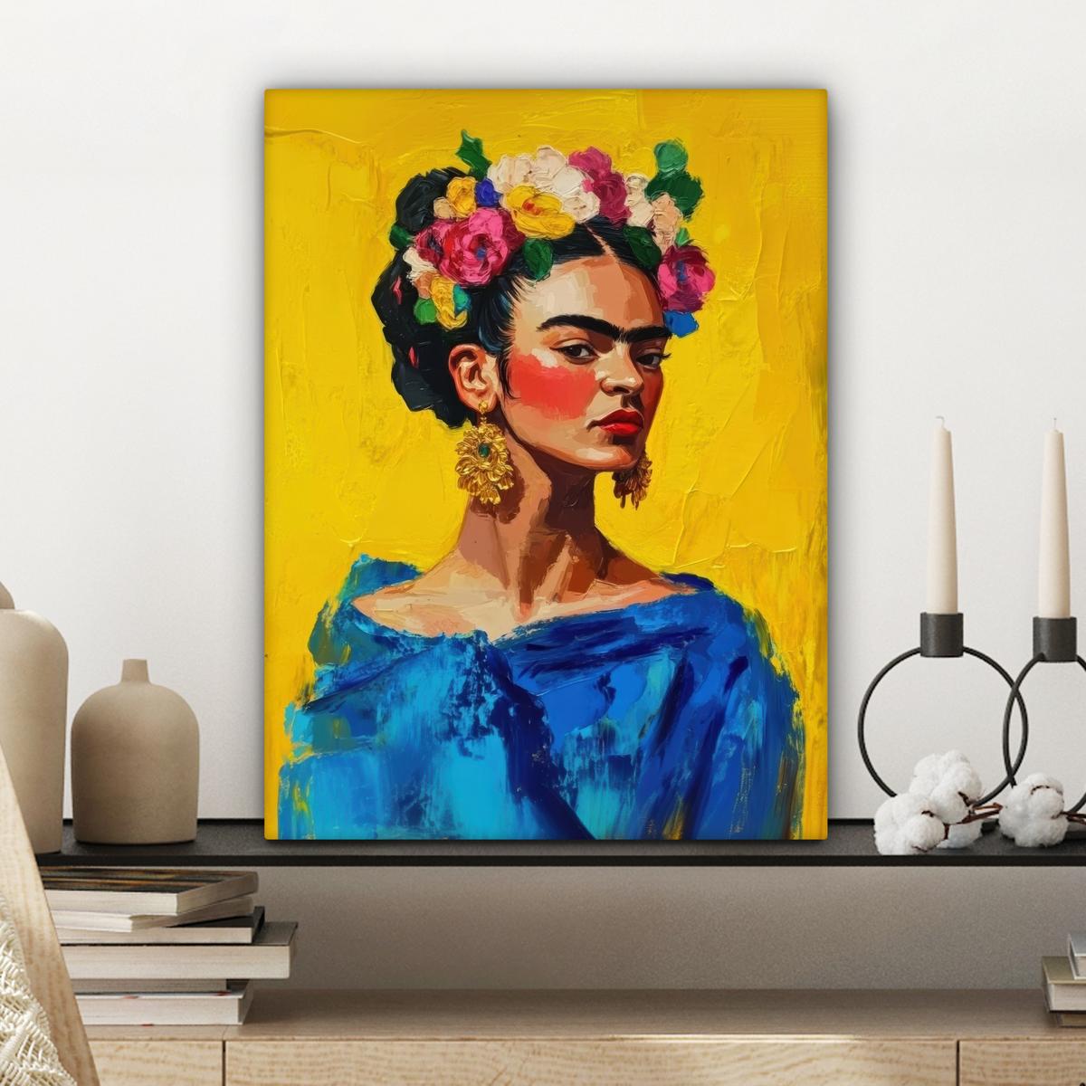 LEINWANDBILD Frida Kahlo - Frau - Gelb - Blau - Blumen Room Decor 30x40 cm - Gelb, Textil (30/40cm) - MuchoWow