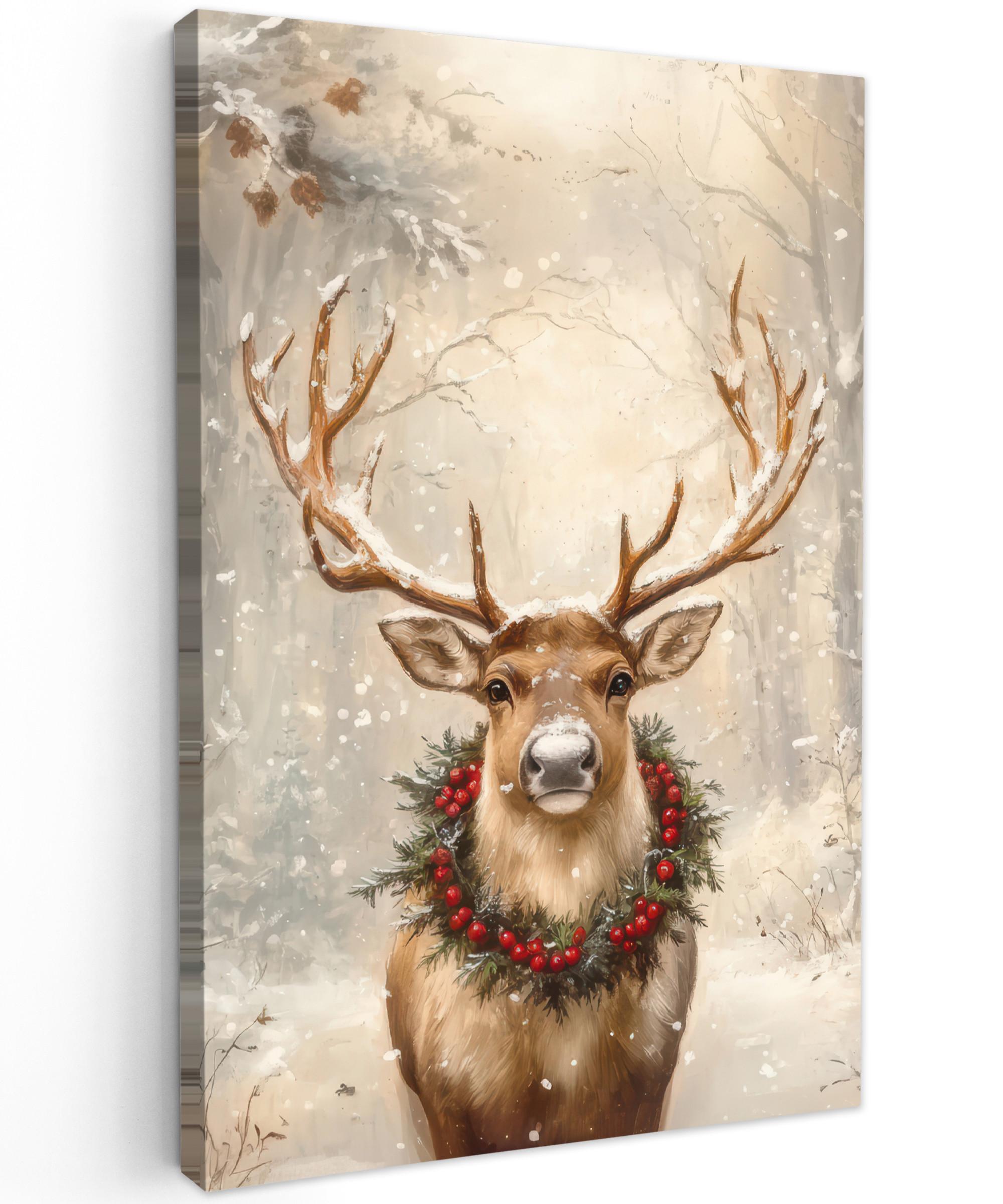 LEINWANDBILD Weihnachten - Rentier - Winter - Kranz Deko XXL 80x120 cm - Naturfarben, Textil (80/120cm) - MuchoWow