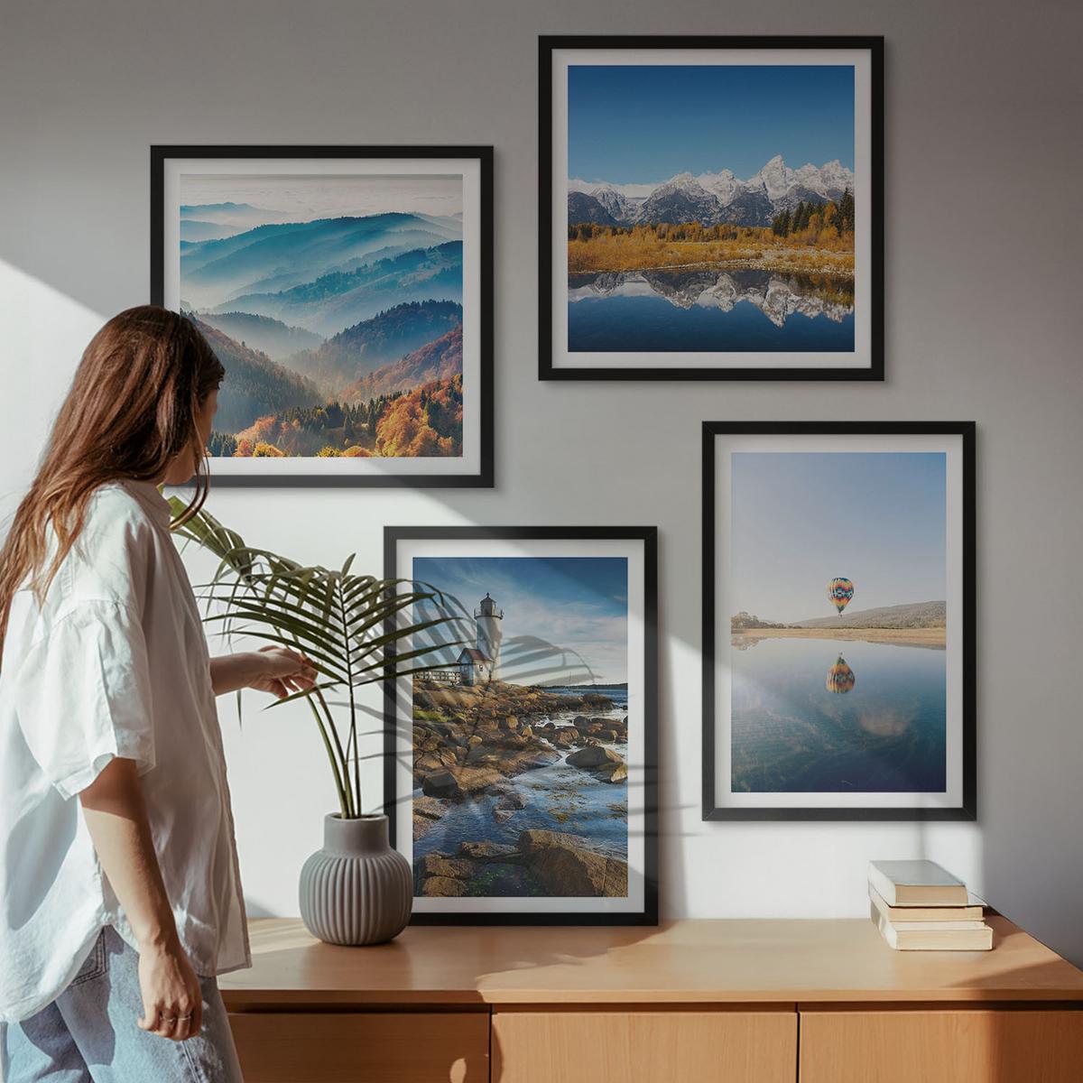 BILDER SET 4er Set - 50x50 cm & 40x60 cm Schwarzer Rahmen - Ausblicke auf die Natur, Leuchtturm, Berge - Schwarz, Kunststoff (50/50cm) - TULUP