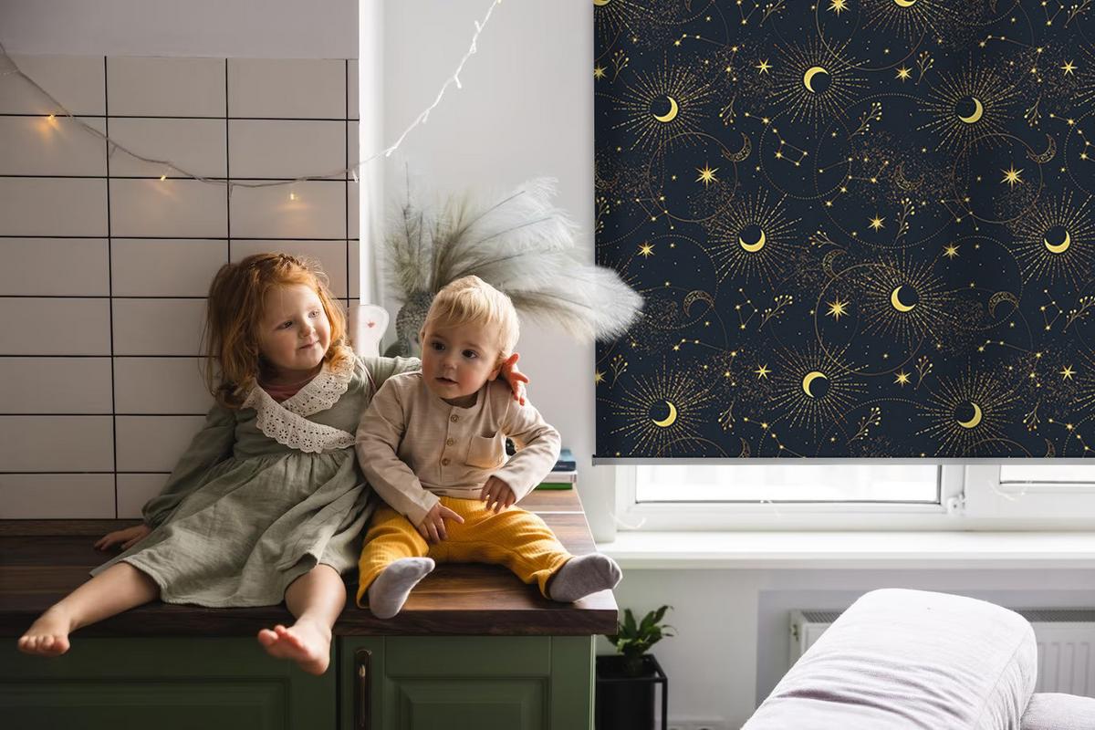 INNENROLLO - Fensterrollo - Rollo - 100x180 cm - Mond und Sterne - Schwarz, Kunststoff (100/180/0.5cm) - TULUP