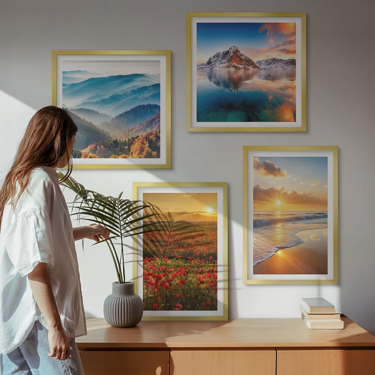 BILDER SET 4er Set - 50x50 cm & 40x60 cm Goldrahmen - Landschaften aus Bergen und Meeren im Westen - Goldfarben, Kunststoff (50/50cm) - TULUP