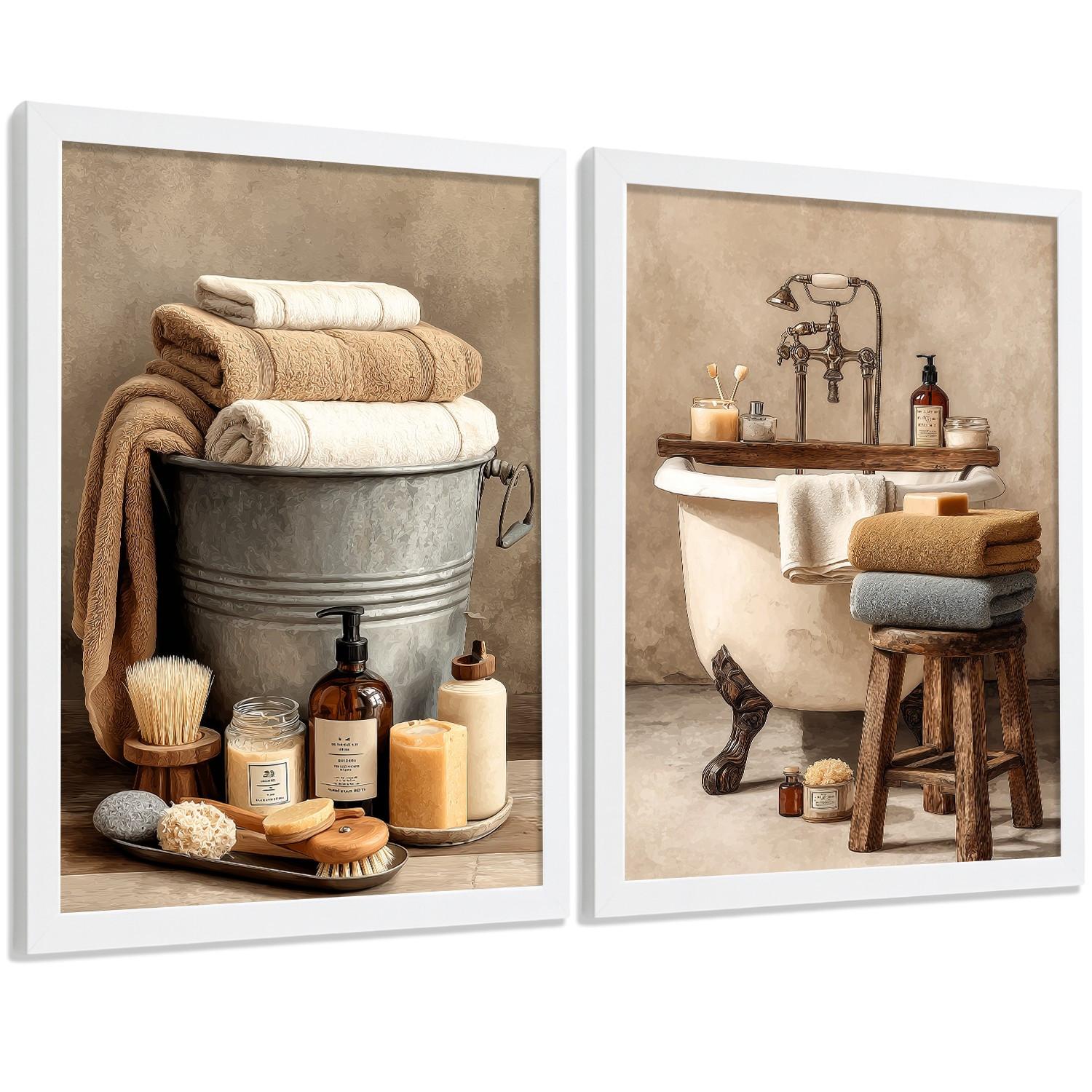POSTER 2er-Set dekorative Badezimmerdrucke, rustikaler Stil, Vintage-Spa-Bilder mit Handtüchern und Badewanne,, Wohndekoration Weißer Rahmen A4 - Weiß, Papier (29.7/21/3cm) - Nacnic