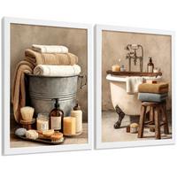 POSTER 2er-Set dekorative Badezimmerdrucke, rustikaler Stil, Vintage-Spa-Bilder mit Handtüchern und Badewanne,, Wohndekoration Weißer Rahmen A4 - Weiß, Papier (29.7/21/3cm) - Nacnic
