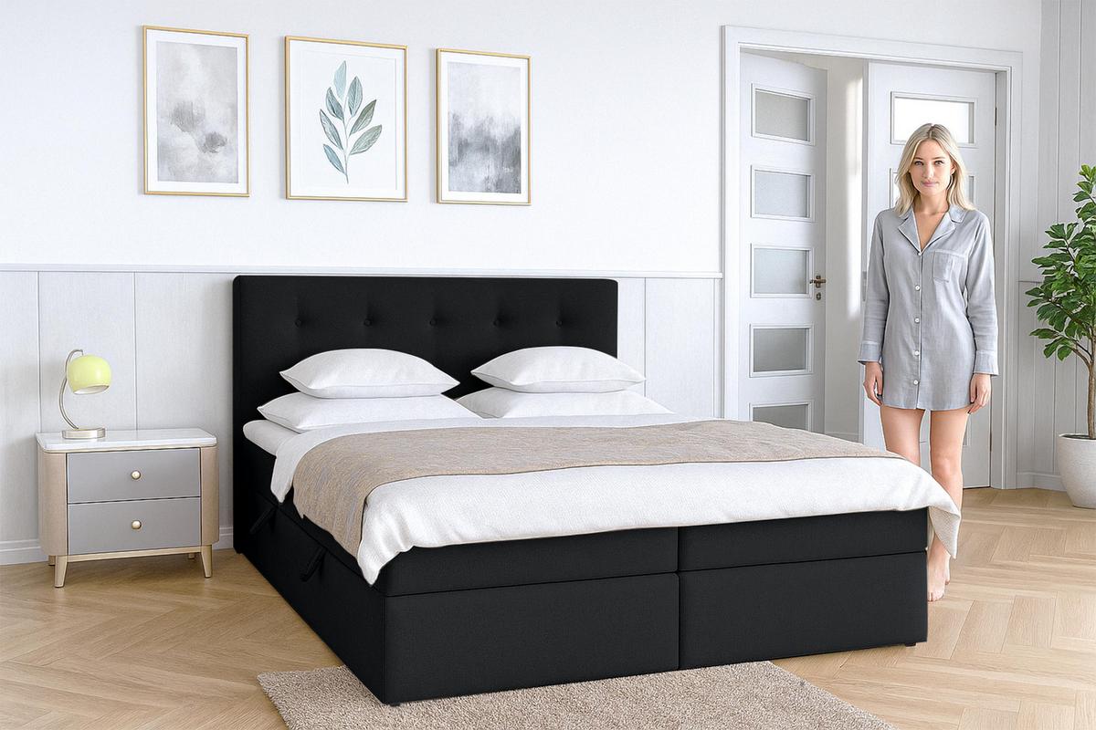 BOXBETT BAUNEI 160x200 cm mit Bettkasten und Matratze - Schwarz + TOPPER - Schwarz, Holz/Holzwerkstoff (160/200cm) - AX Living