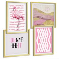 BILDER SET 4er Set - 50x50 cm & 40x60 cm Goldrahmen - Pastellfarbene Berglandschaft mit rosa Flamingos - Goldfarben, Kunststoff (50/50cm) - TULUP