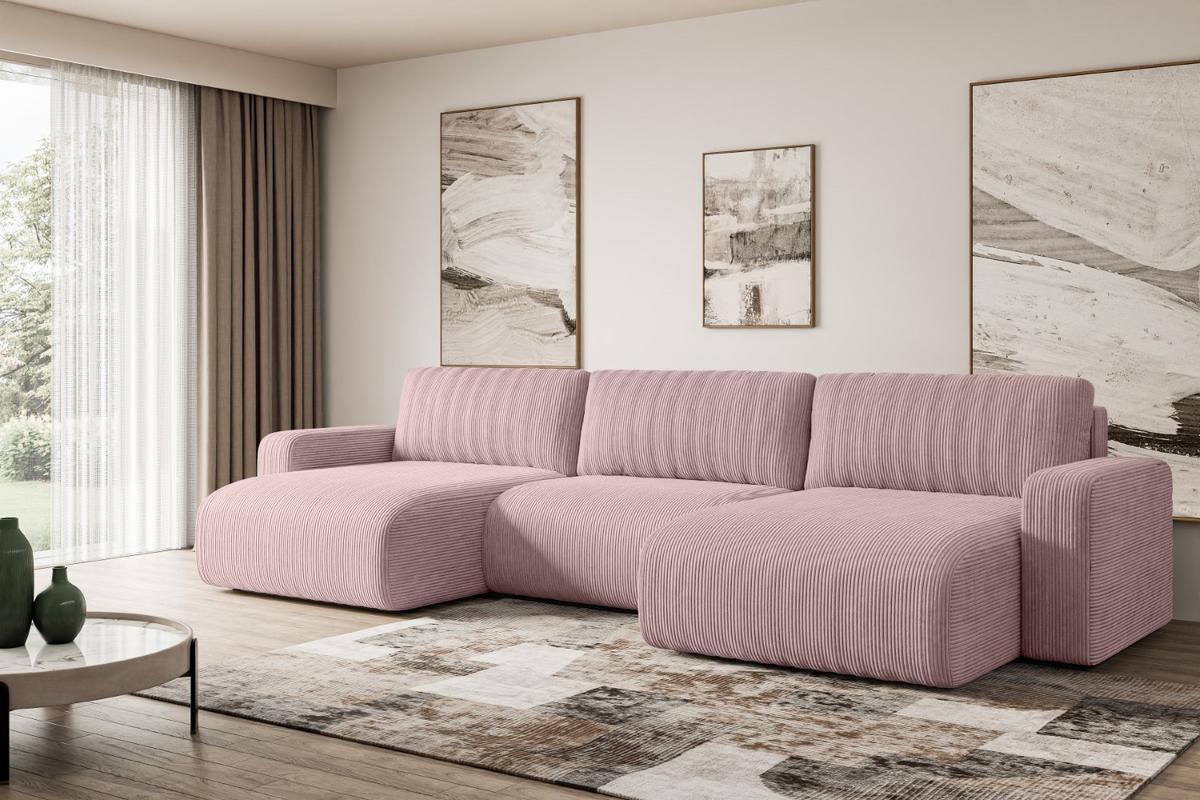 WOHNLANDSCHAFT mit Schlaffunktion und Bettkasten KLEEA-U - 347x143x83 cm Rosa Cord - Schwarz/Rosa, Holzwerkstoff/Kunststoff (347/83/143cm) - ALTDECOR