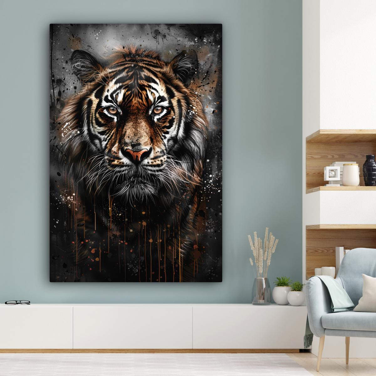 LEINWANDBILD Tiger - Tiere - Porträt - Luxus - Schwarz Deko Groß 90x140 cm - Anthrazit, Textil (90/140cm) - MuchoWow