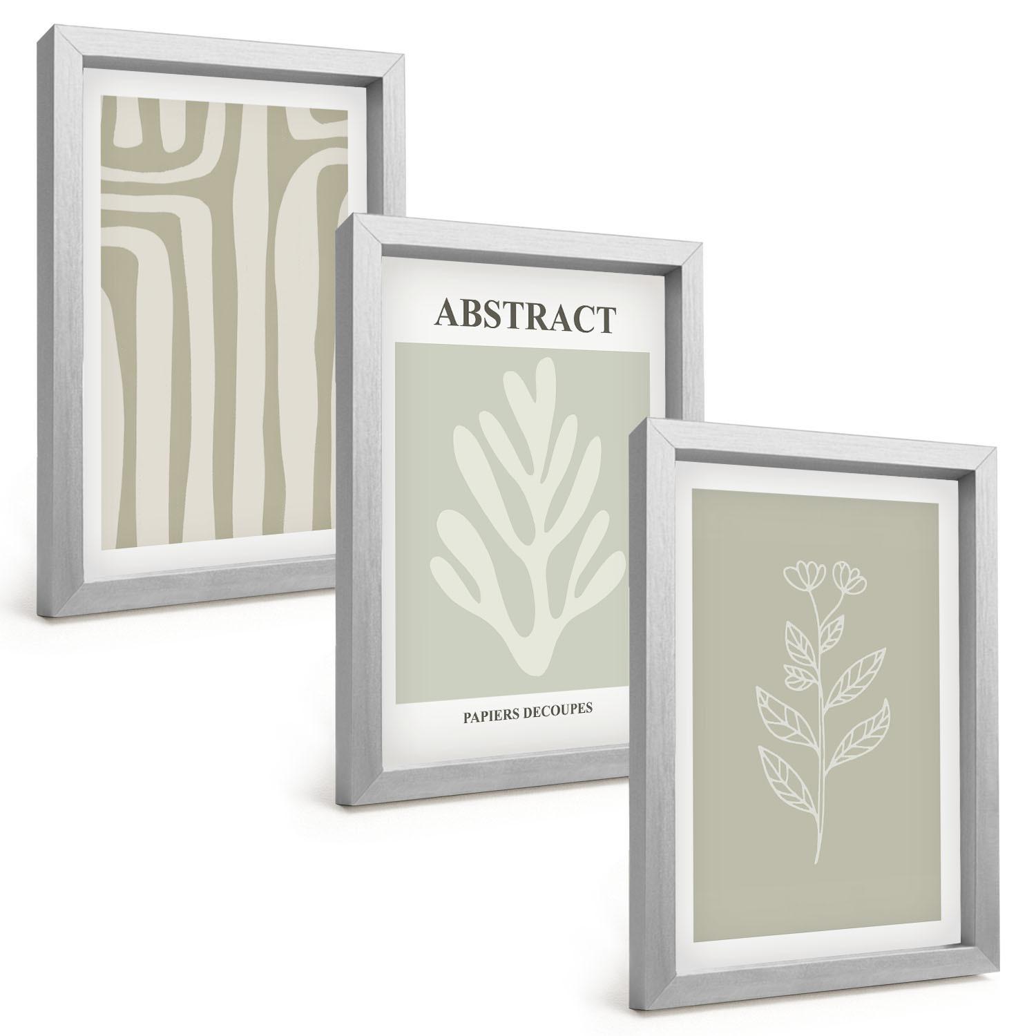 BILDER SET 3er Set - 20x30 cm Silberner Rahmen - Abstrakte Pflanzenmuster - Silberfarben, Kunststoff (20/30cm) - TULUP