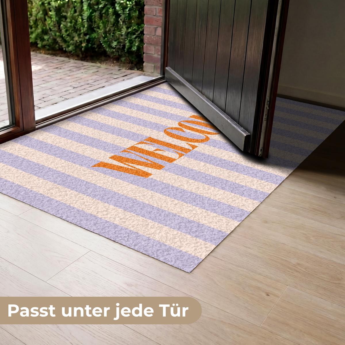 FUSSMATTE Lila – Orange – Streifen – Willkommen 120x80 cm - Flieder, Kunststoff (120/0.4cm) - MuchoWow