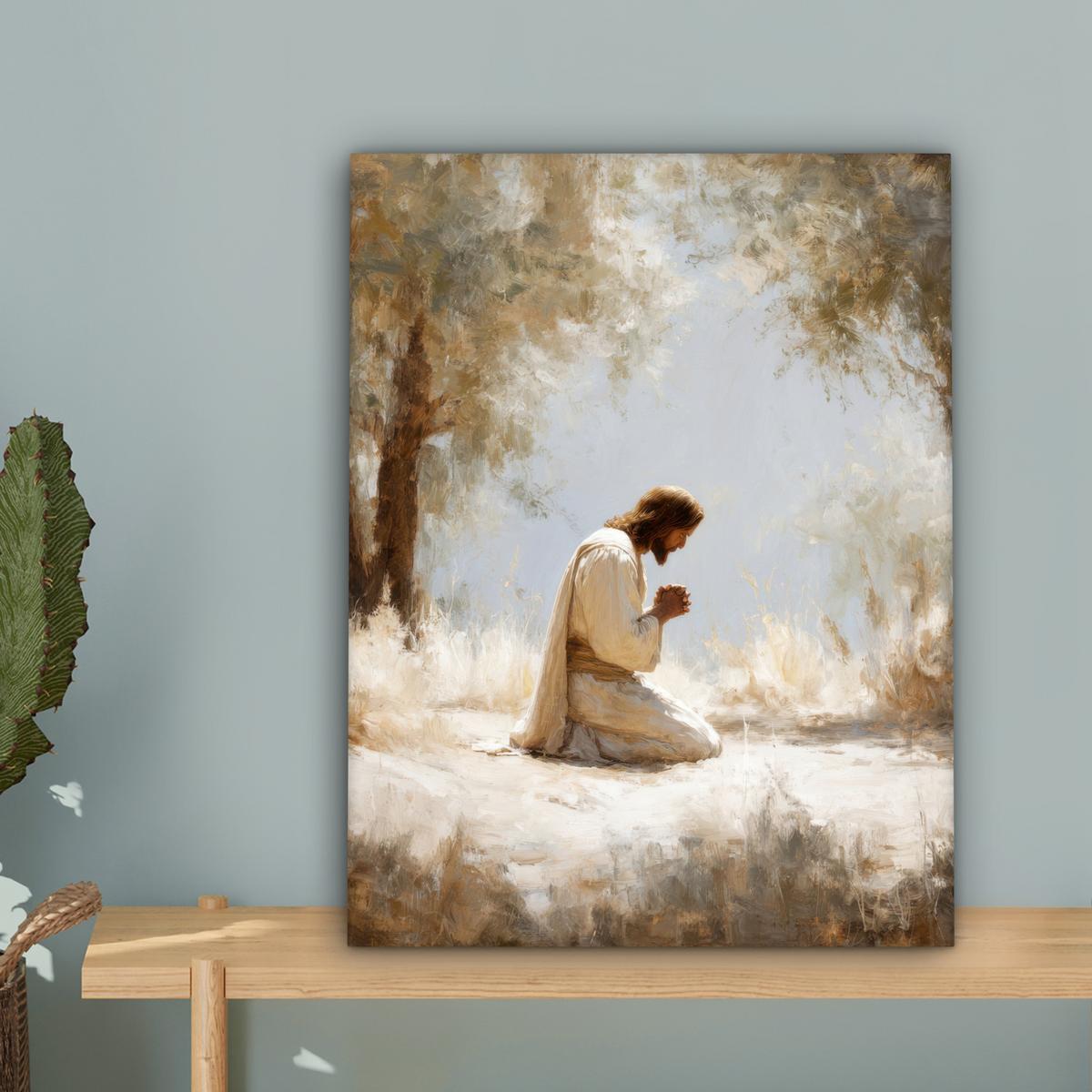 LEINWANDBILD Jesus - Kniend - Waldlandschaft - Betend Room Decor 30x40 cm - Beige/Hellblau, Textil (30/40cm) - MuchoWow