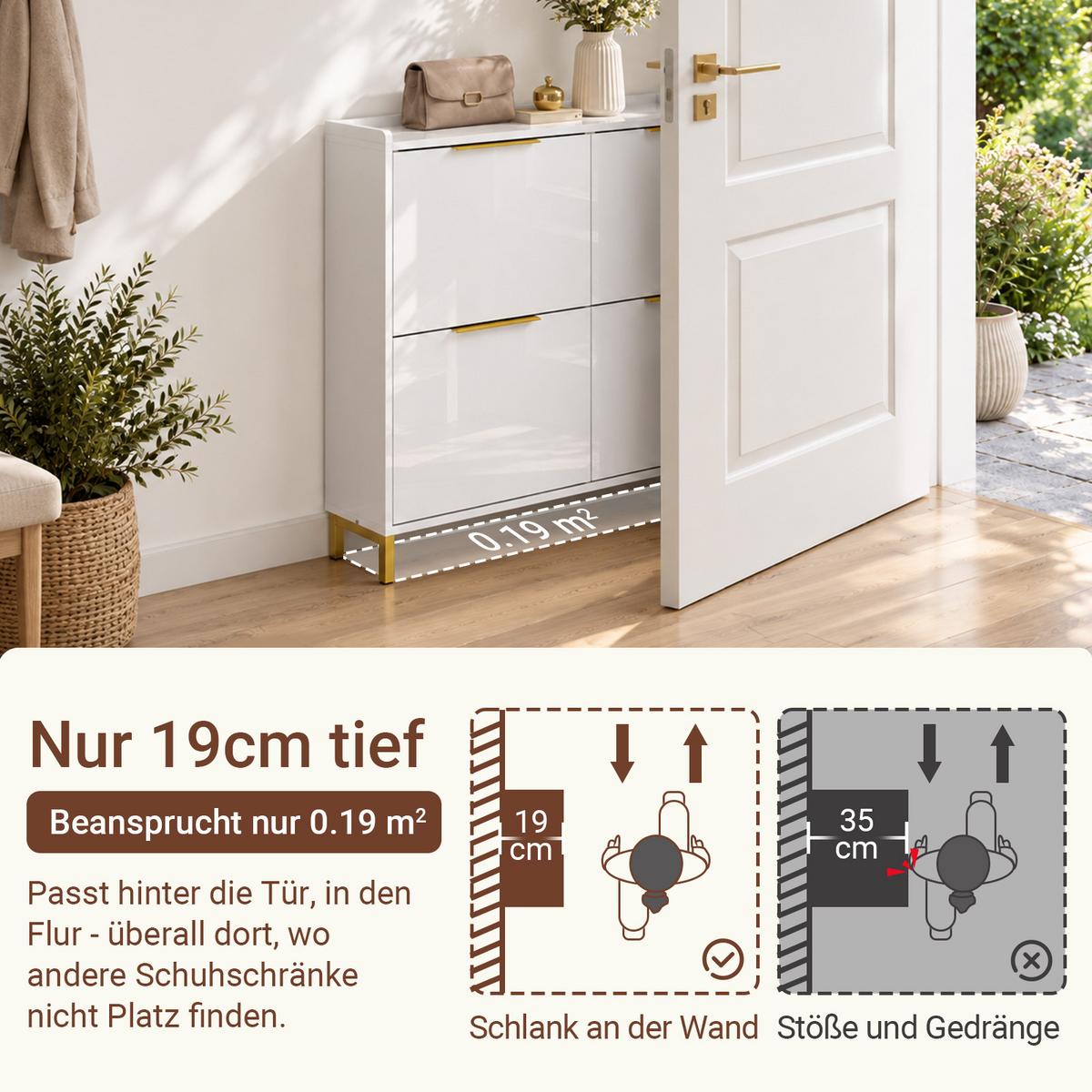 SCHUHSCHRANK weiß hochglanz, 100 x 88 x 19 cm, 4 Klappen für ca. 8 Paare bis EU 46, goldene Griffe und Füße - Weiß, Holzwerkstoff (100/90/19cm) - SoBuy