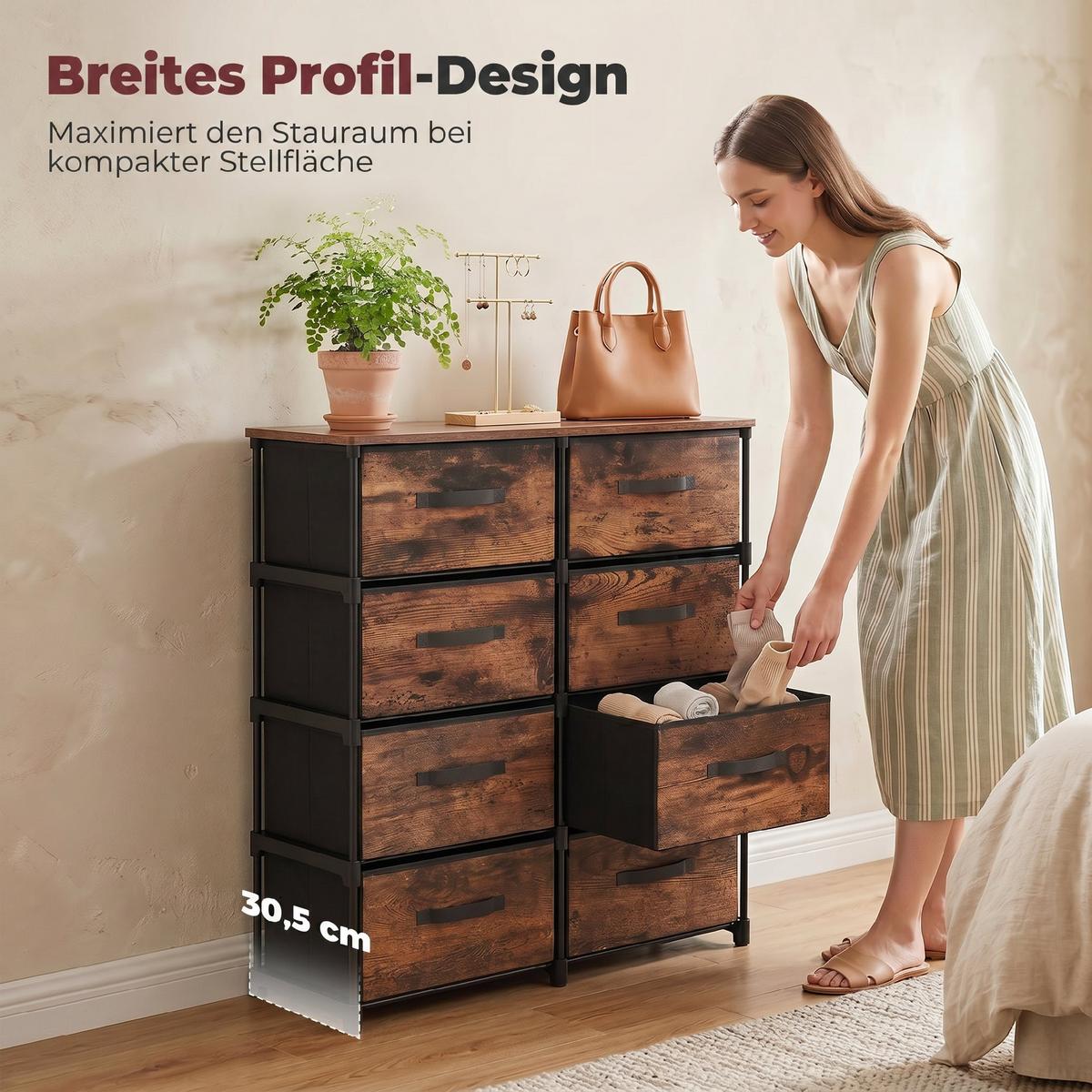 KOMMODE Polyester Metall Rustikal-Braun - Schwarz/Braun, Kunststoff/Textil (30.5/100/84.5cm) - HOMCOM