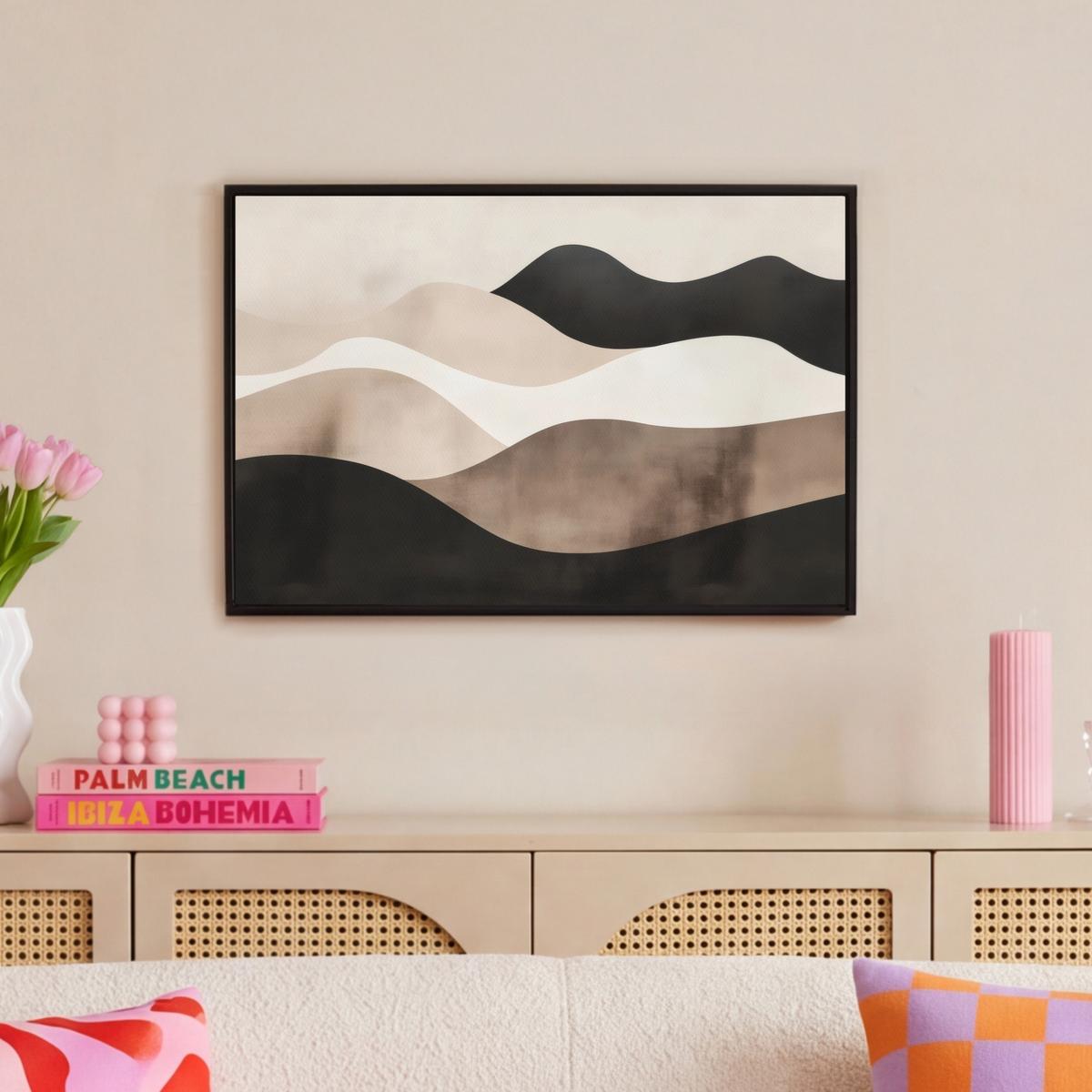 LEINWAND Bilder mit Rahmen - Abstrakt - Landschaft - Wellen - Cremefarben - 60x40 - Cappuccino, Textil (60/40cm) - MuchoWow