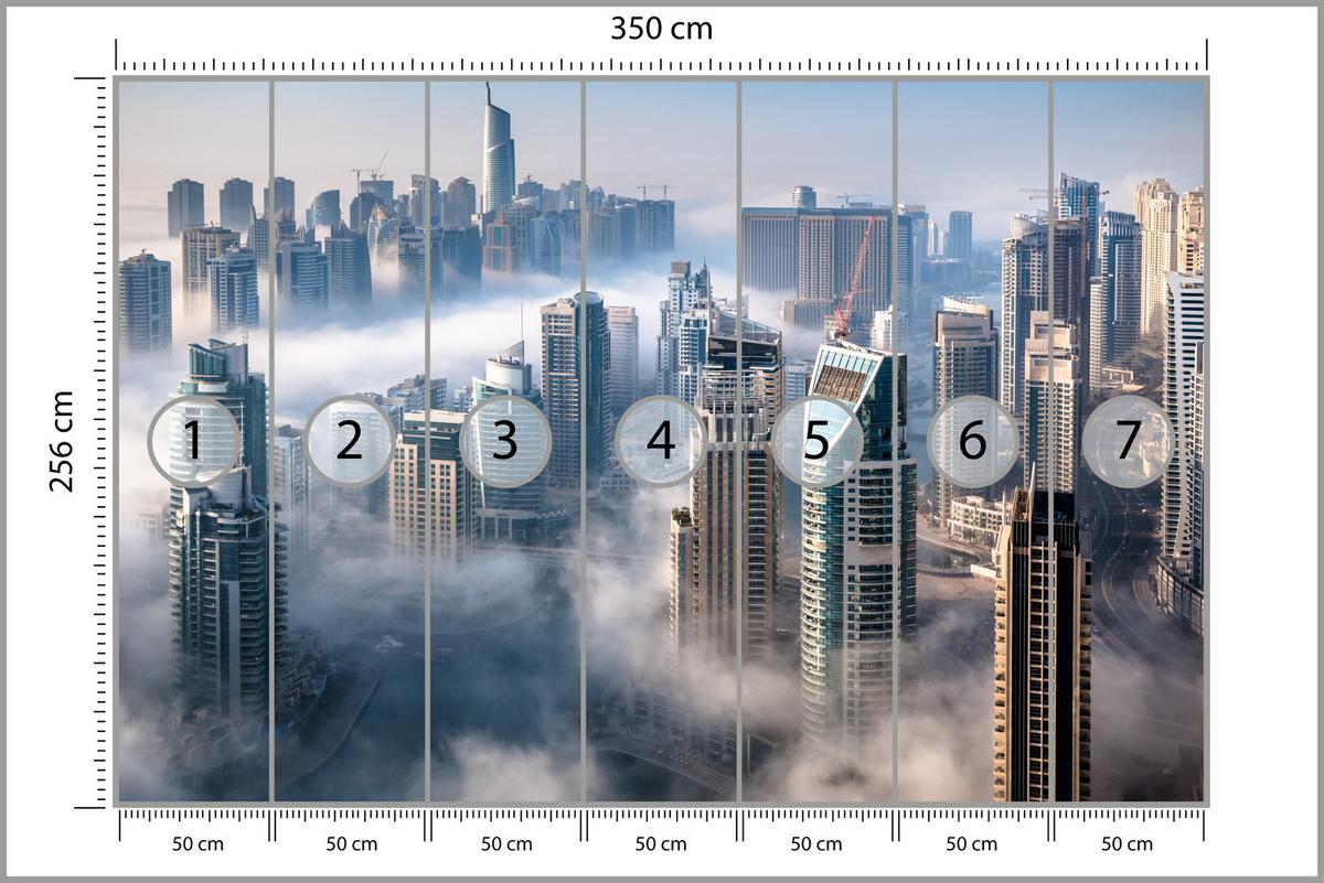 FOTOTAPETE für Büro Dubai Nebel Wolkenkratzer Skyline Panorama 350x256 - Blau/Beige, Papier (350/256cm) - Muralo