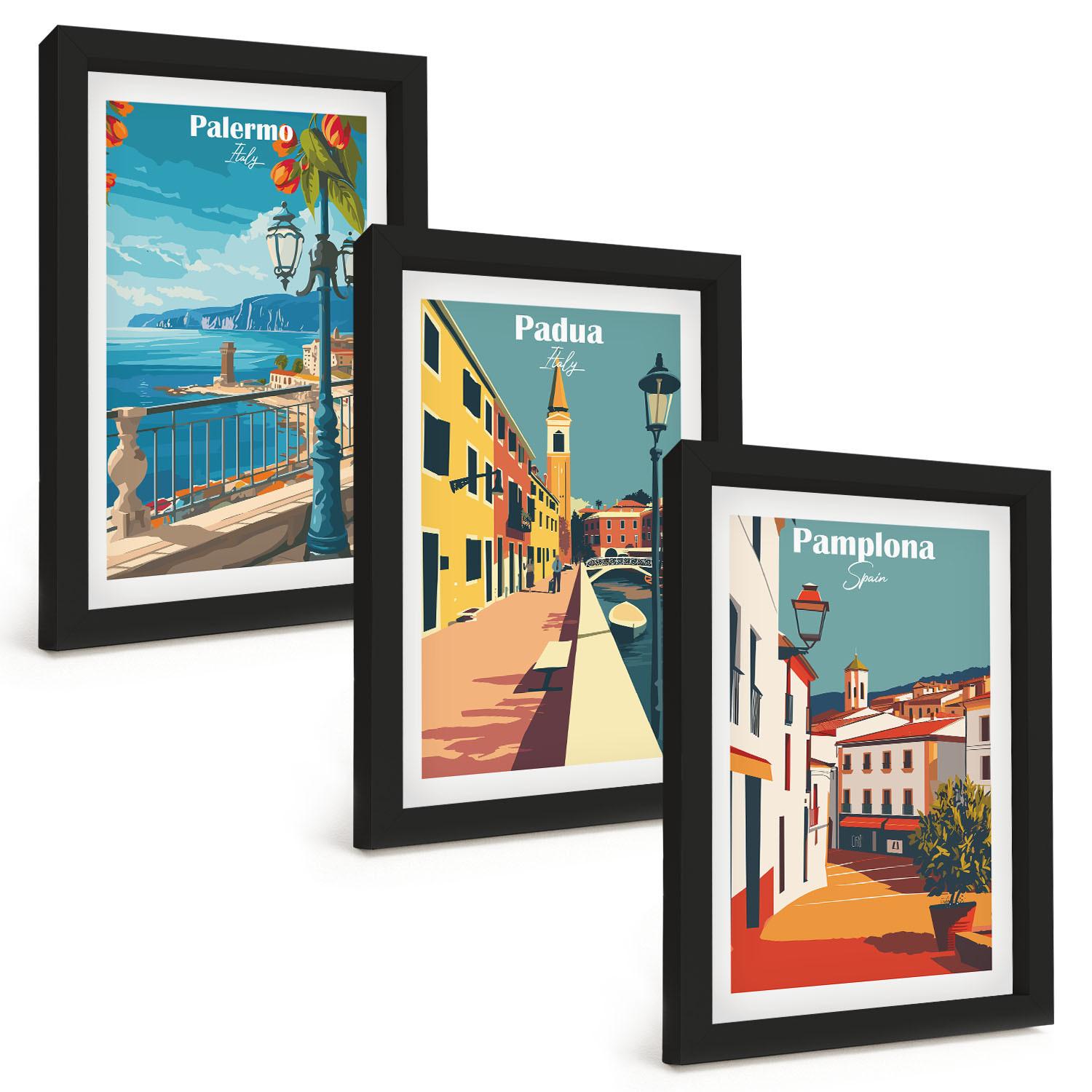 BILDER SET 3er Set - 20x30 cm Schwarzer Rahmen - Retro-Stadtillustrationen - Schwarz, Kunststoff (20/30cm) - TULUP