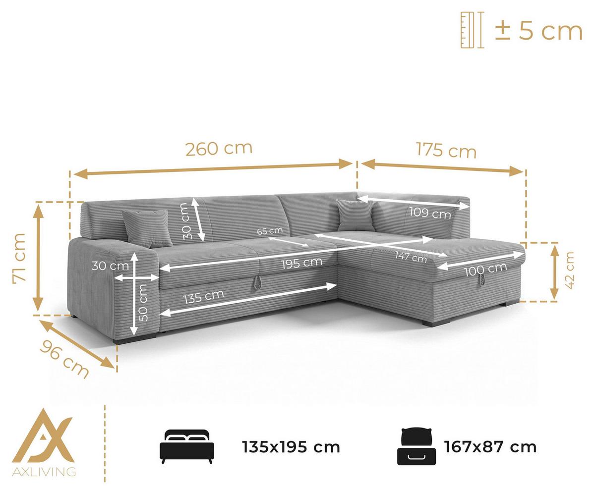 ECKSOFA L Form Minosa Grau 260/175/71 cm Rechts mit Schlaffunktion - Schwarz/Grau, Kunststoff/Textil (175/260cm) - AX Living