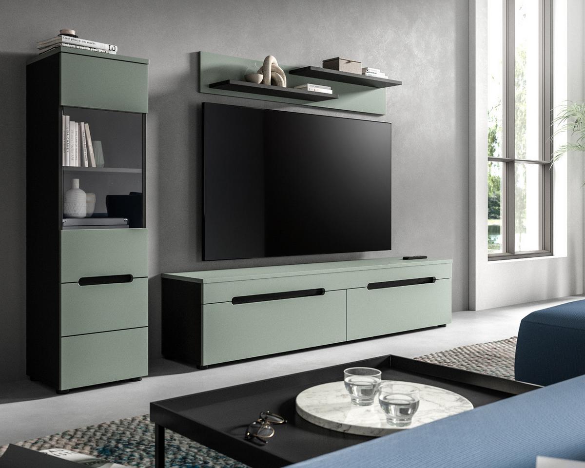 WOHNWAND Salbei grün, grau, Kombination 3-teilig 220 cm hängend oder stehend, Soft-Close - Salbeigrün/Schwarz, Glas/Holzwerkstoff (221/141/33cm) - Inn.Furn