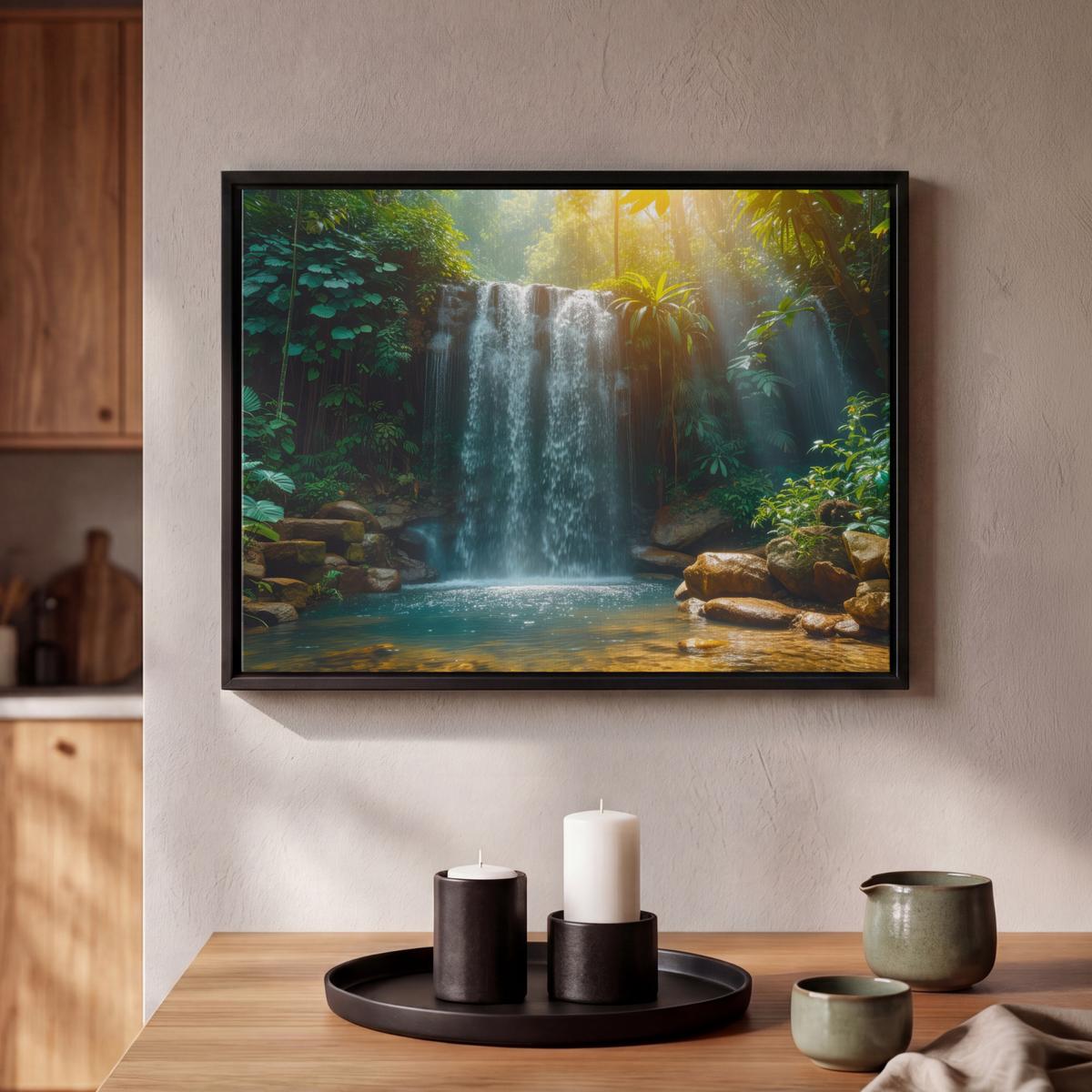 LEINWAND Bilder mit Rahmen - Wasserfall - Dschungel - Sonne - Grün - Natur - 40x30 - Grün, Textil (40/30cm) - MuchoWow