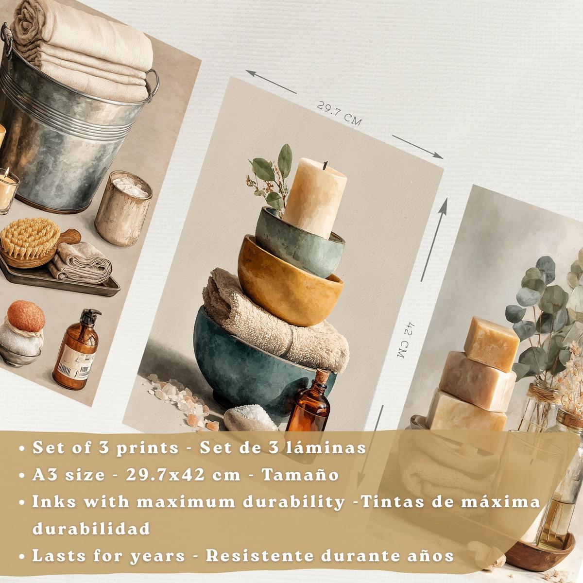 POSTER Set aus 3 Badezimmer Wandbildern und Drucke zur Dekoration für Waschbecken Dusche WC mit Kerzen Seifen und Handtüchern Leichter Holzrahmen A3 - Beige, Papier (42/29.7/3cm) - Nacnic