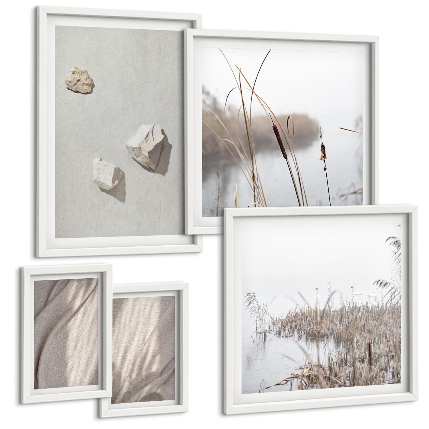 BILDER SET 5er Set - 50x50 cm & 20x30 cm & 40x60 cm Weißer Rahmen - Nahaufnahmen der Struktur im Boho-Stil - Weiß, Kunststoff (40/60cm) - TULUP