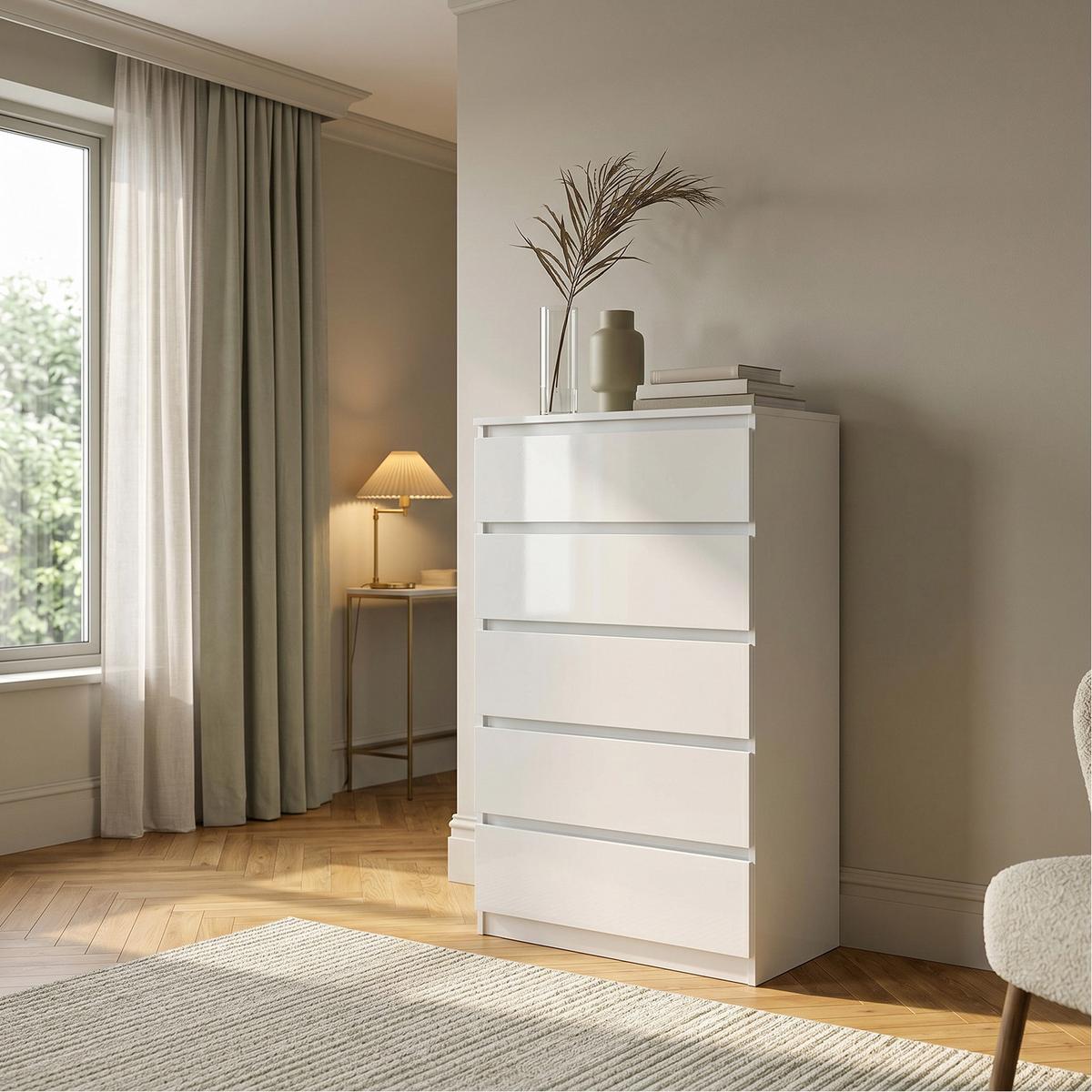 KOMMODE NUDO 70/124,5/39cm mit 5 Schubladen Türen Weiß - Weiß Hochglanz/Weiß, Holzwerkstoff (70/124.5/39cm) - MASSENO
