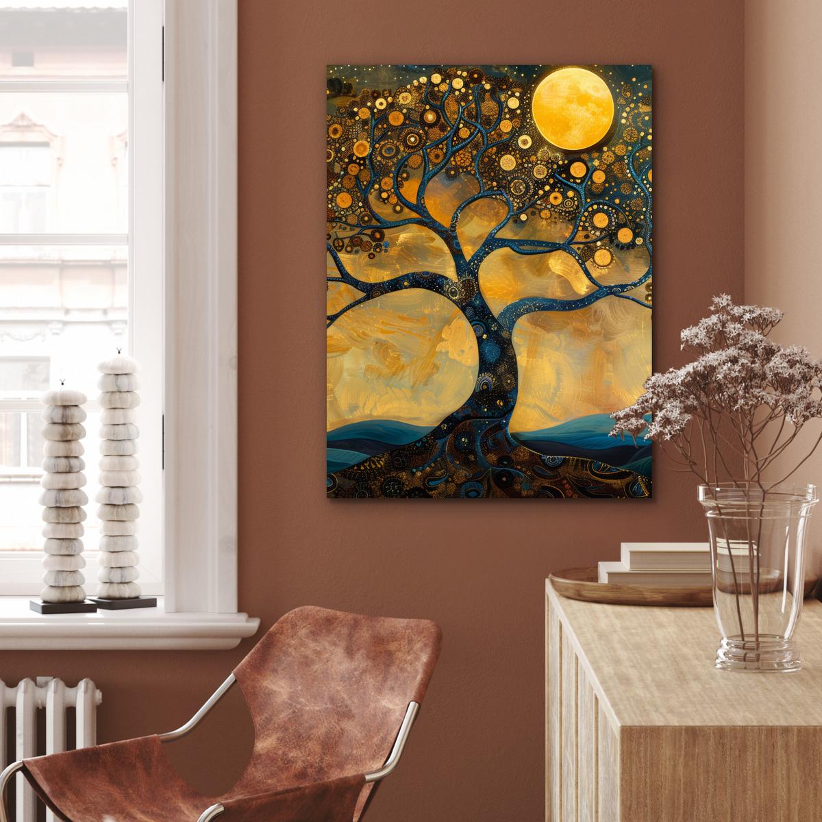 METALLBILD Baum - Mond - Blumen - Gold - Kunst 60x80 cm - Orange, Metall (60/80cm) - MuchoWow