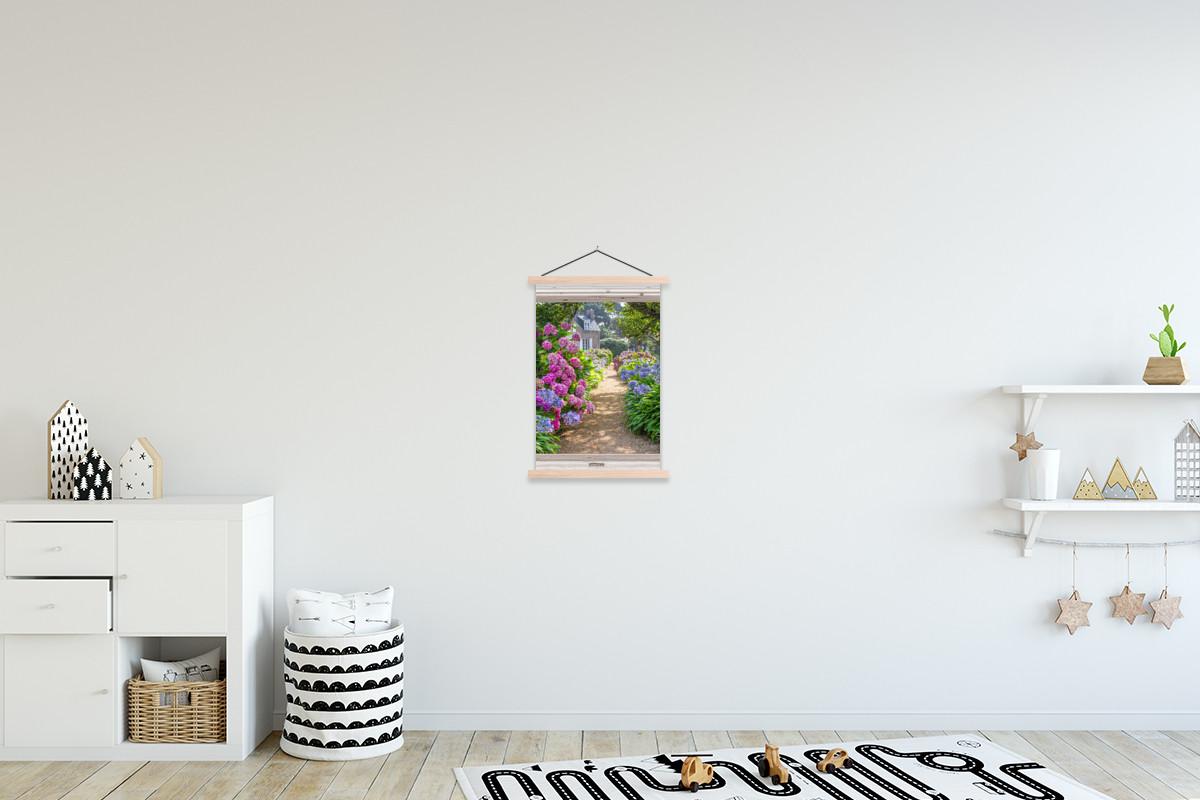 POSTER MIT MAGNETLEISTEN Hortensie - Durchsichtig - Blumen - Sommer - Lila - Weg Deko Wohnzimmer 40x60 cm - Lila, Textil (40/60/0.15cm) - MuchoWow