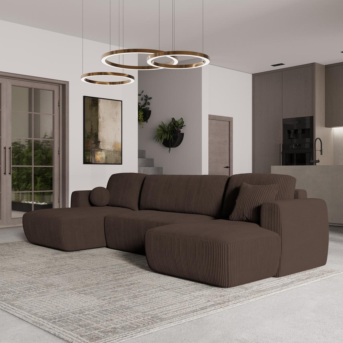 WOHNLANDSCHAFT SENTUM P Braun Kordstoff mit Schlaffunktion - Schwarz/Braun, Holz/Kunststoff (330/90/148cm) - MASSENO
