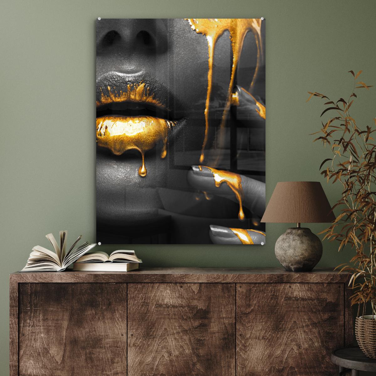 ACRYLGLASBILD Frau - Schwarz - Gold - Gesicht - Lippen 60x80 cm - Goldfarben, Glas (60/80cm) - MuchoWow