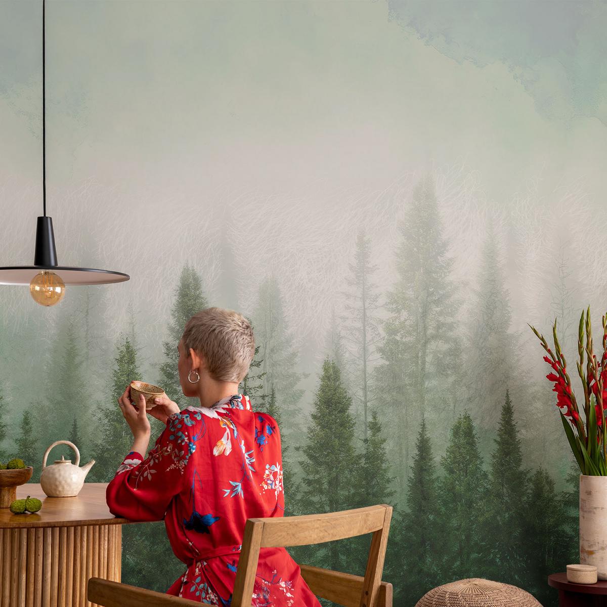 FOTOTAPETE 104x70 cm - Wolf im Wald - Grün, Textil (104/70cm) - Wallfluent