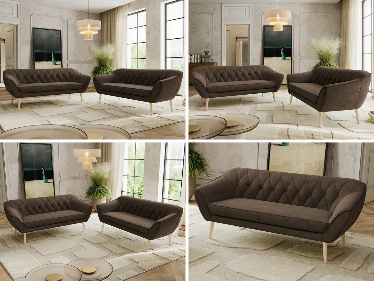 SITZGARNITUR PIRS 3+3 - Braun Velvet - Holzbeine - Dunkelbraun/Buchefarben, Holzwerkstoff/Textil (180/75/74cm) - MKS