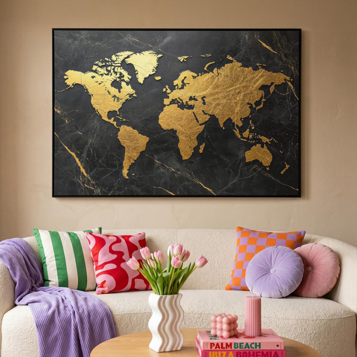 LEINWAND Bilder mit Rahmen - Weltkarte - Gold - Marmor - 140x90 - Goldfarben, Textil (140/90cm) - MuchoWow
