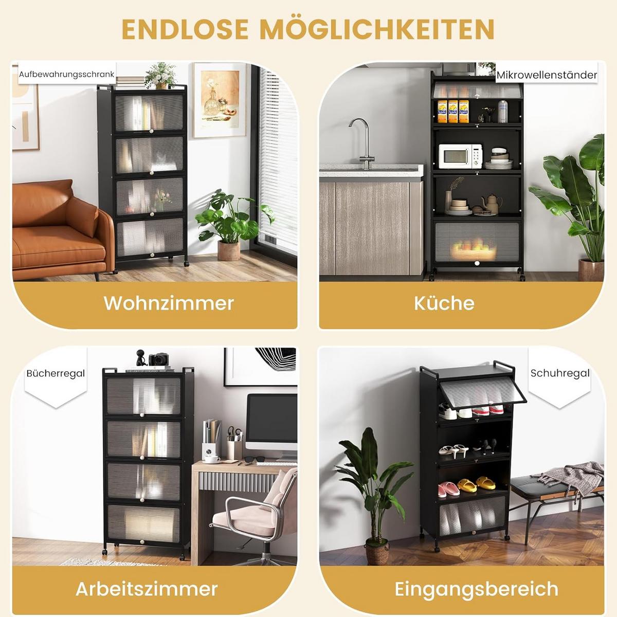 KUCHENSCHRANK Mit Rollen Schwarz - Schwarz, Metall (60/154/32cm) - COSTWAY