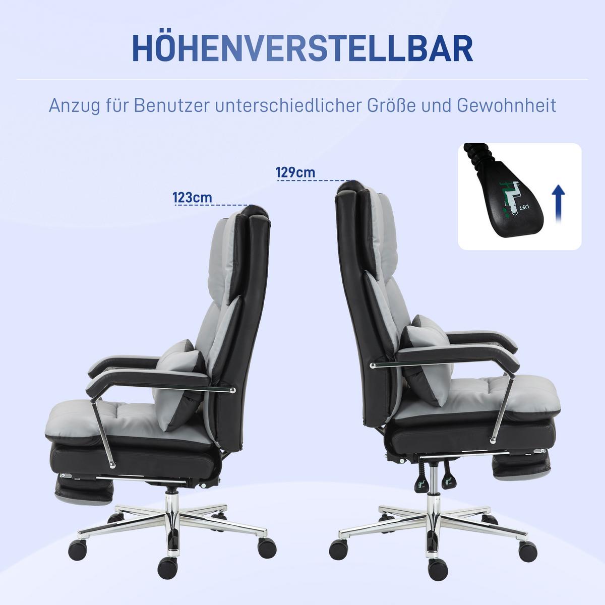 BÜROSTUHL, Ergonomischer, Grau - Grau, Leder (71/129/63cm) - HOMCOM