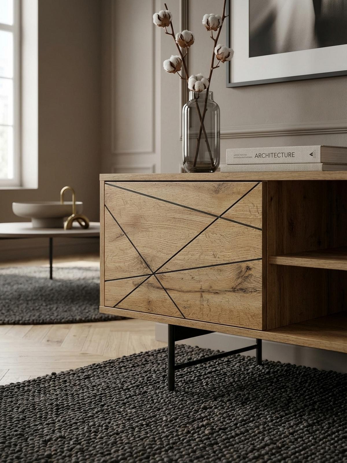 LOWBOARD Eiche-Dekor Modern Stil 160 cm Breit mit Linienmuster - Schwarz/Braun, Holz/Metall (160/45/40cm) - KADIMA DESIGN